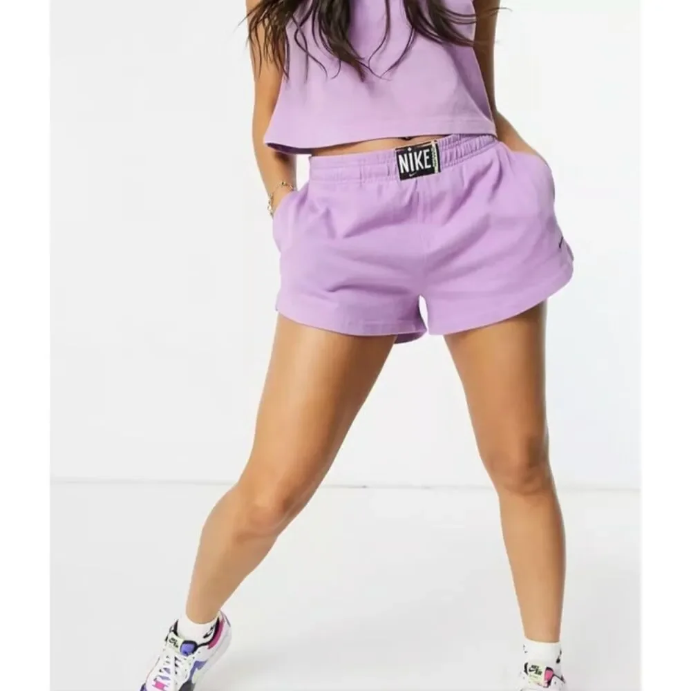 NIKE Sportswear Purple Fleece Shorts High Waisted Box Logo Lounge Womens Small